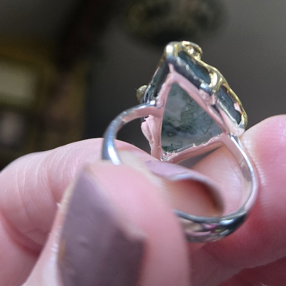 Moss Agate & Green Onyx Natural Gemstone Sterling & Gold Ring Sz7.5 - Picture 9 of 11